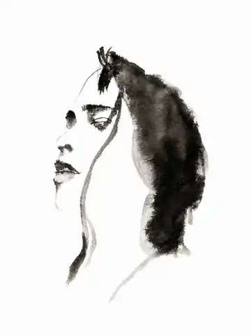 Monochrome profile emerging from a dominant dark mass of hair.